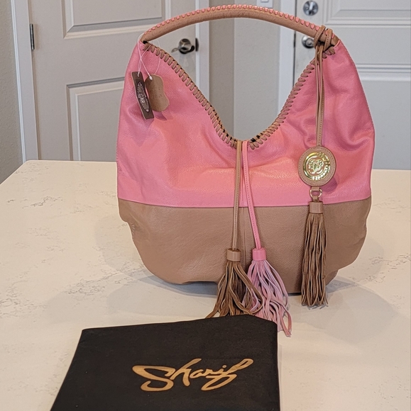 New with Tag Sharif 1825 Genuine Leather Pink Brown Hobo Tassels Shoulder Bag - Picture 12 of 16
